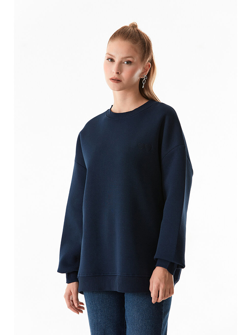 Fullamoda Lacivert Çift Kalp Nakışlı Oversize Sweatshirt - 2