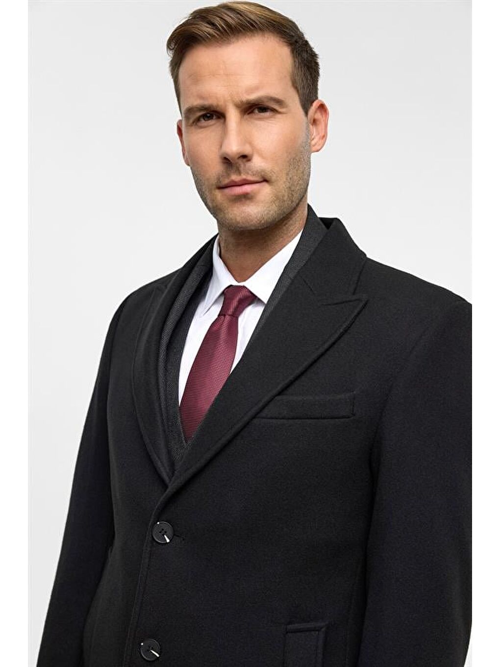 Siyah Slim Düz Sivri Yaka Kaban-6