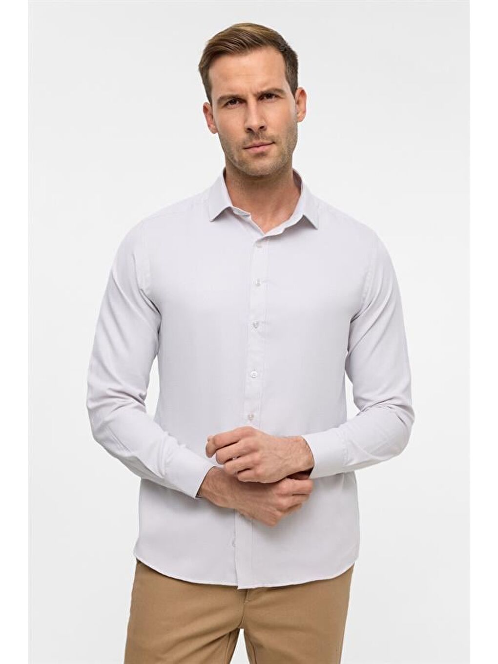 Ekru Slim Armürlü Klasik Yaka Gömlek-1