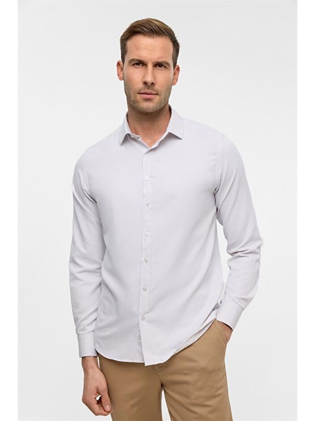 Ekru Slim Armürlü Klasik Yaka Gömlek-2