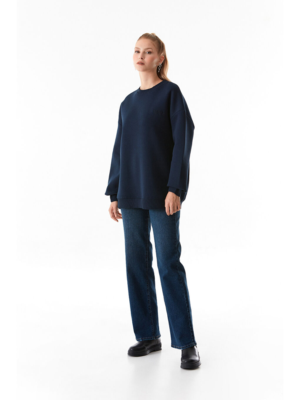 Fullamoda Lacivert Çift Kalp Nakışlı Oversize Sweatshirt - 3