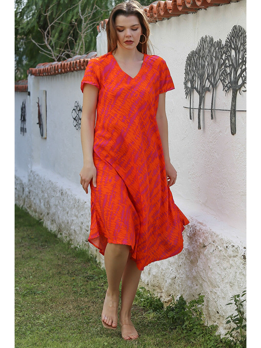 Turuncu V Yaka Düşük Kol Allover Baskılı Casual Viskon Dokuma Elbise 115 66-4