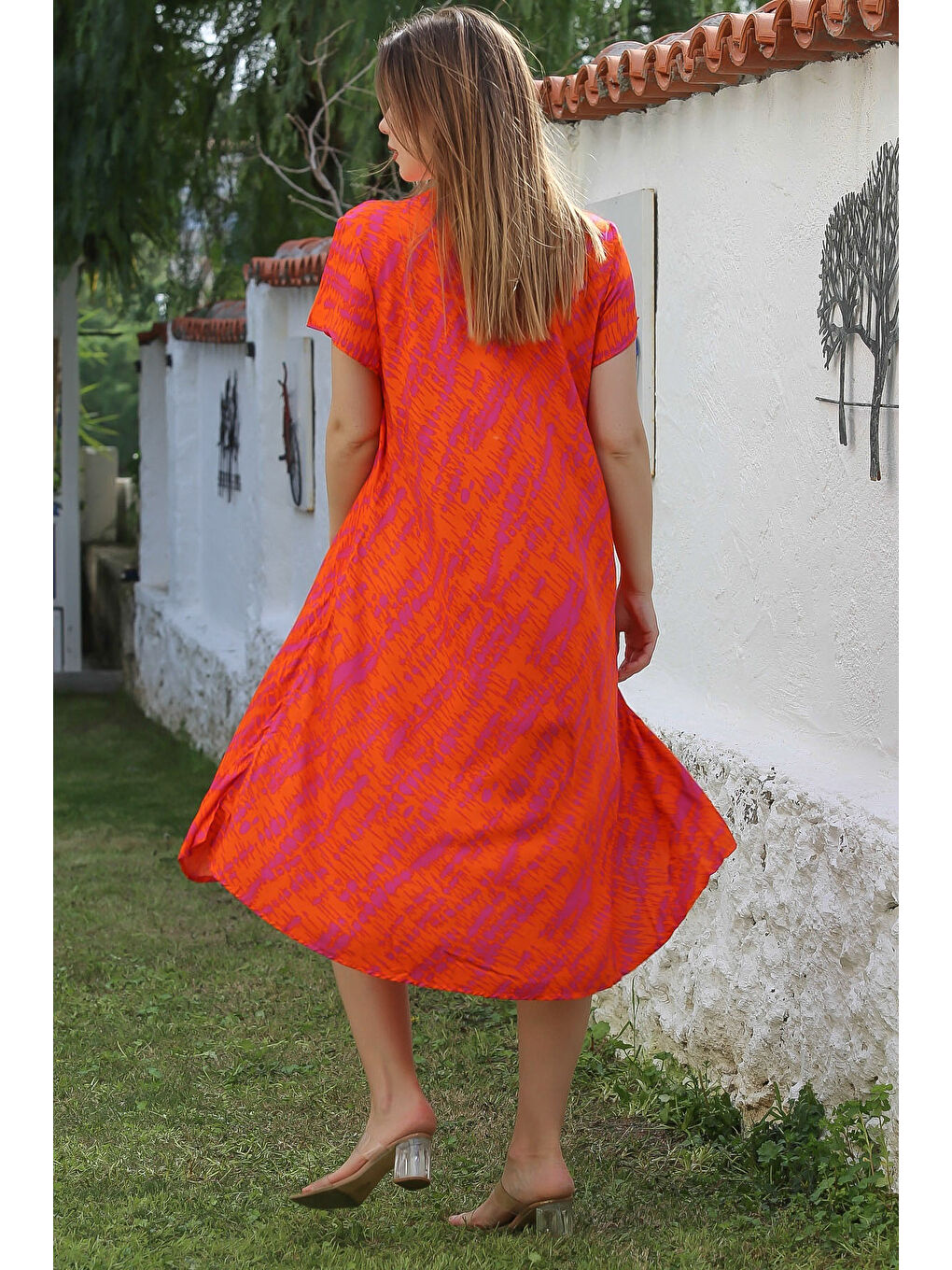 Turuncu V Yaka Düşük Kol Allover Baskılı Casual Viskon Dokuma Elbise 115 66-5