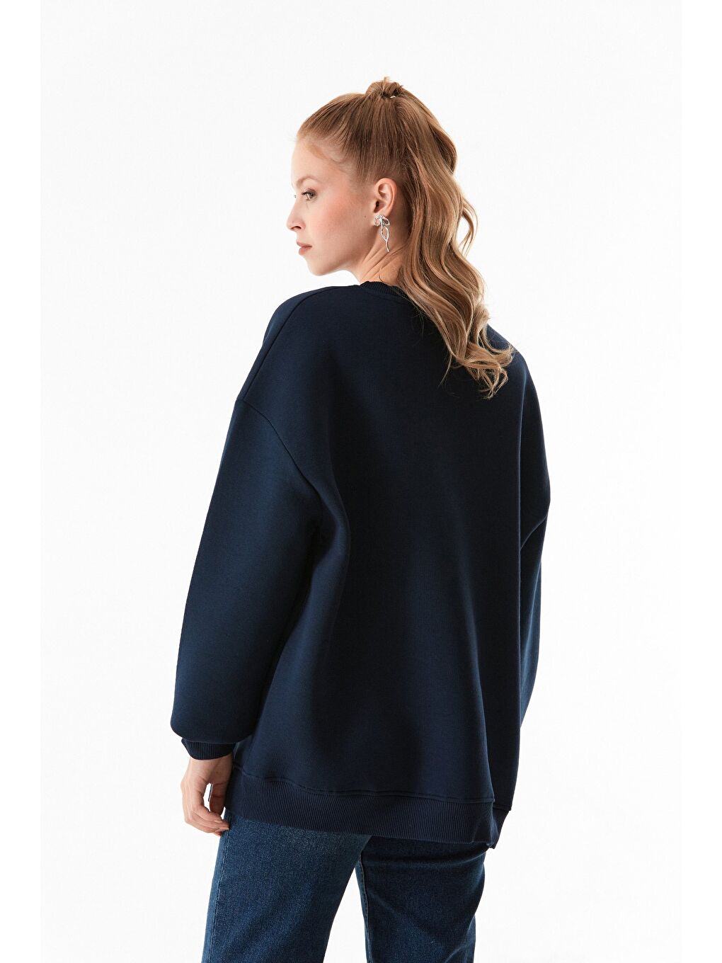 Fullamoda Lacivert Çift Kalp Nakışlı Oversize Sweatshirt - 4