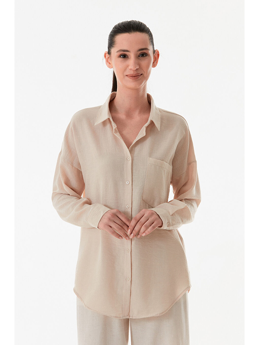 Bej Basic Tek Cepli Oversize Gömlek