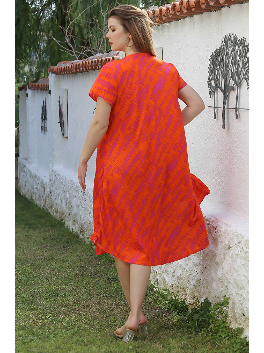 Turuncu V Yaka Düşük Kol Allover Baskılı Casual Viskon Dokuma Elbise 115 66-7