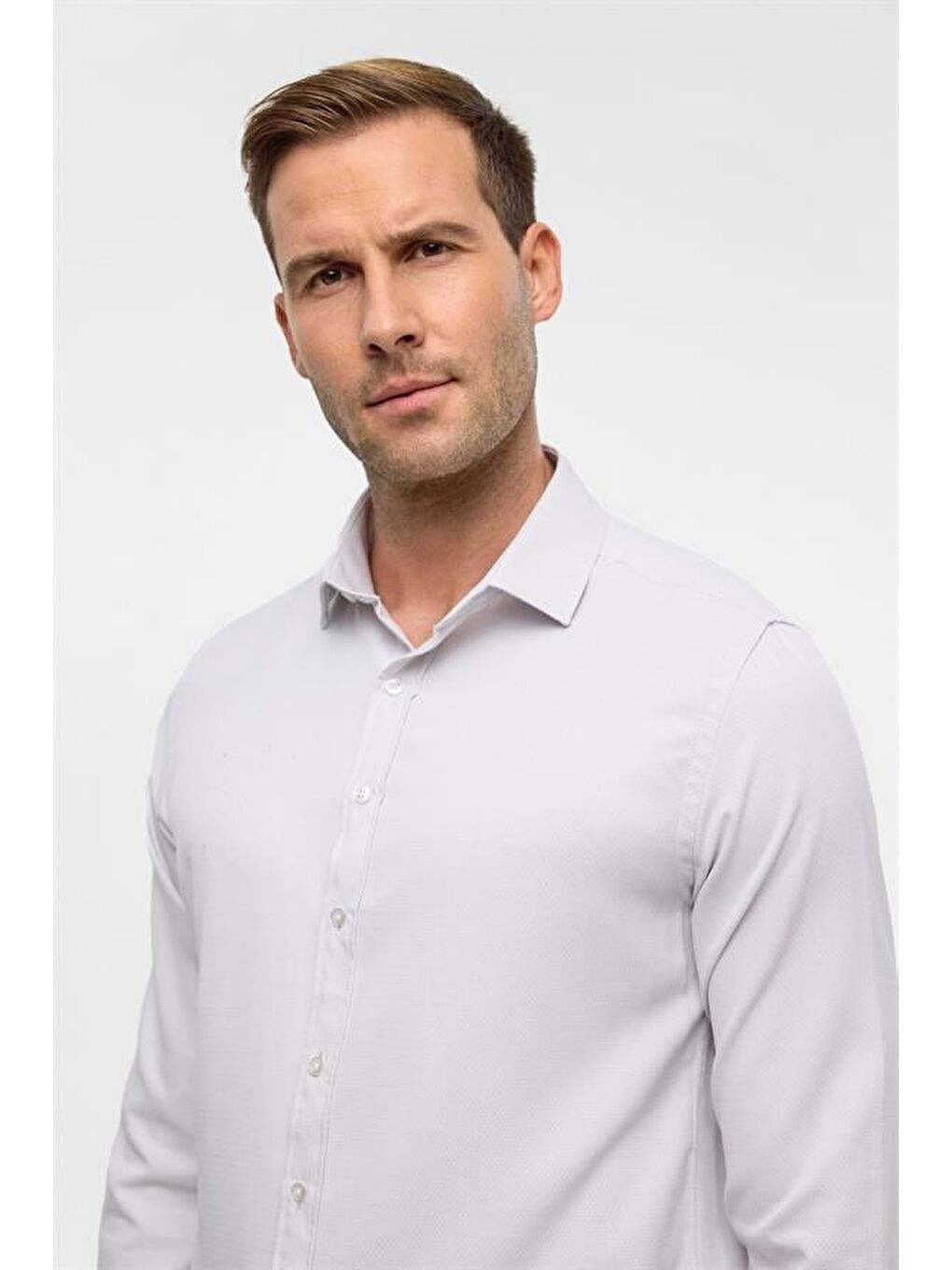 Ekru Slim Armürlü Klasik Yaka Gömlek-3