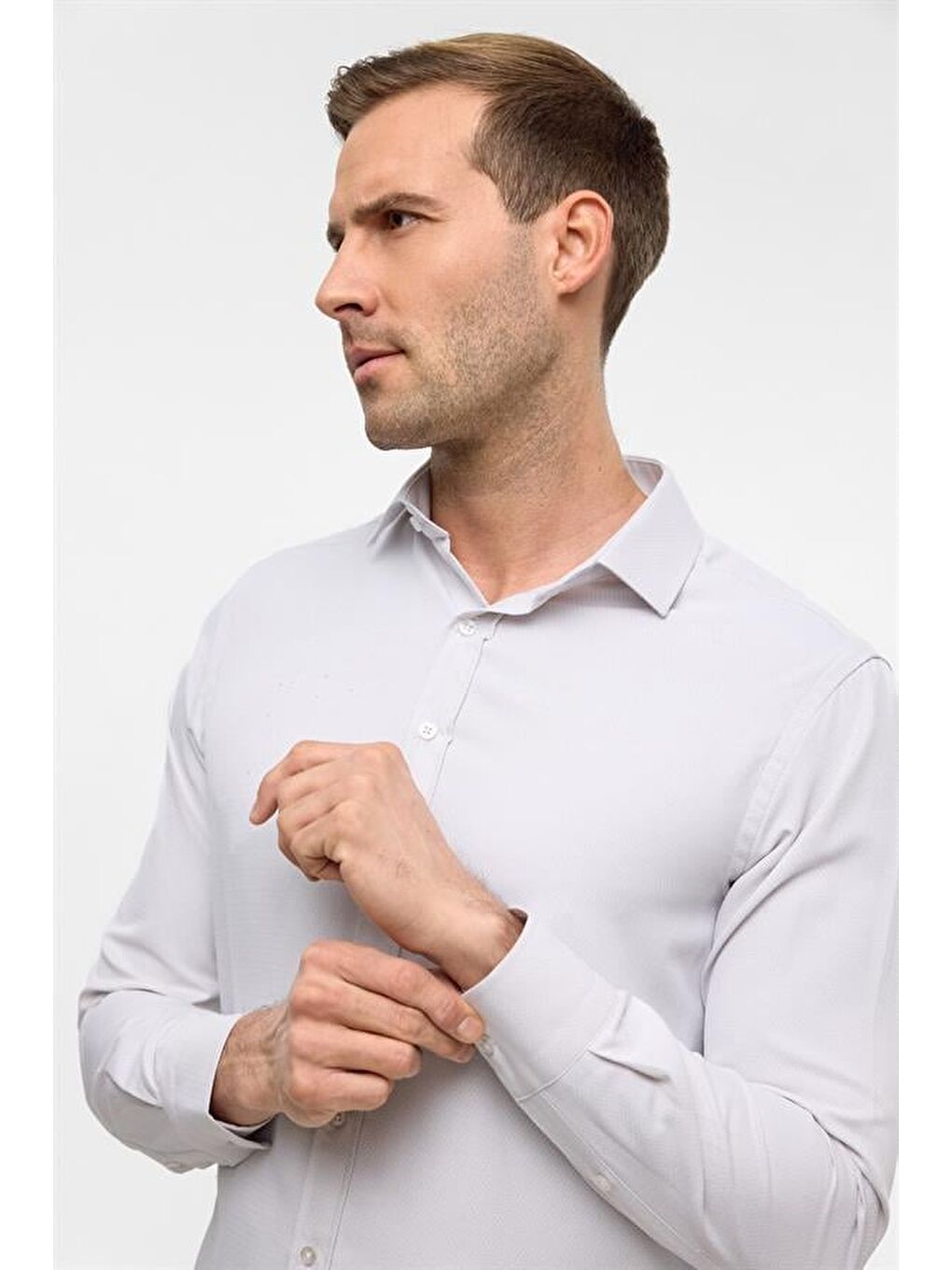 Ekru Slim Armürlü Klasik Yaka Gömlek-4