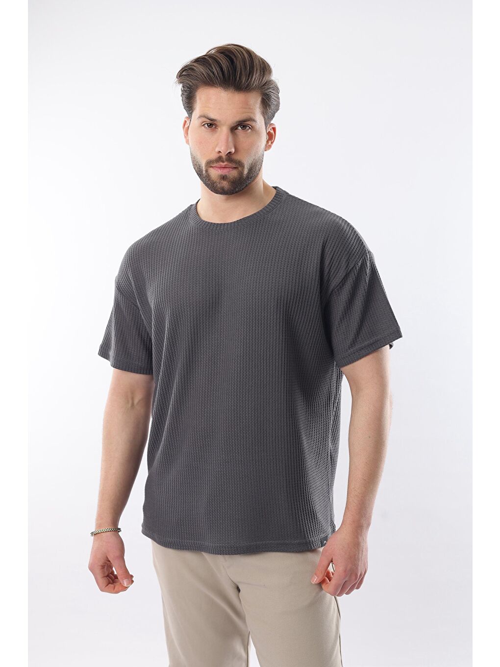 Gri Füme Bisiklet Yaka Erkek T-Shirt E7127