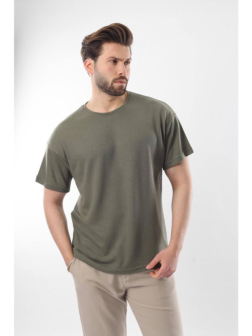 Haki Bisiklet Yaka Erkek Tişört E7128-1