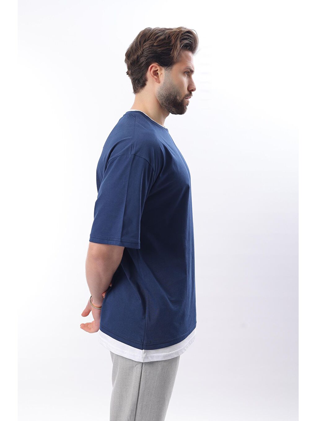 Oversize Lacivert Erkek %100 Pamuk Tişört 4978-1