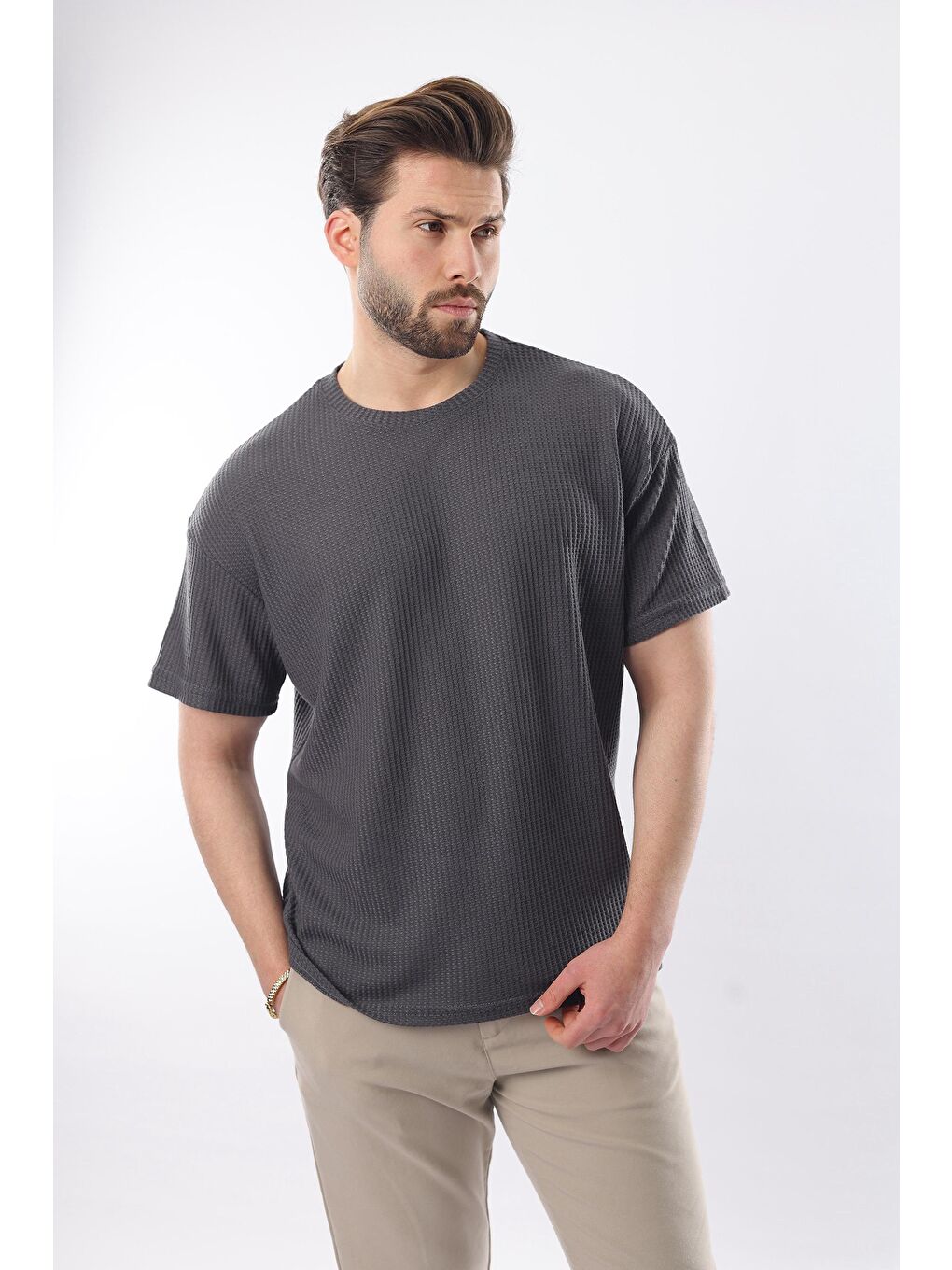 Gri Füme Bisiklet Yaka Erkek T-Shirt E7127-1