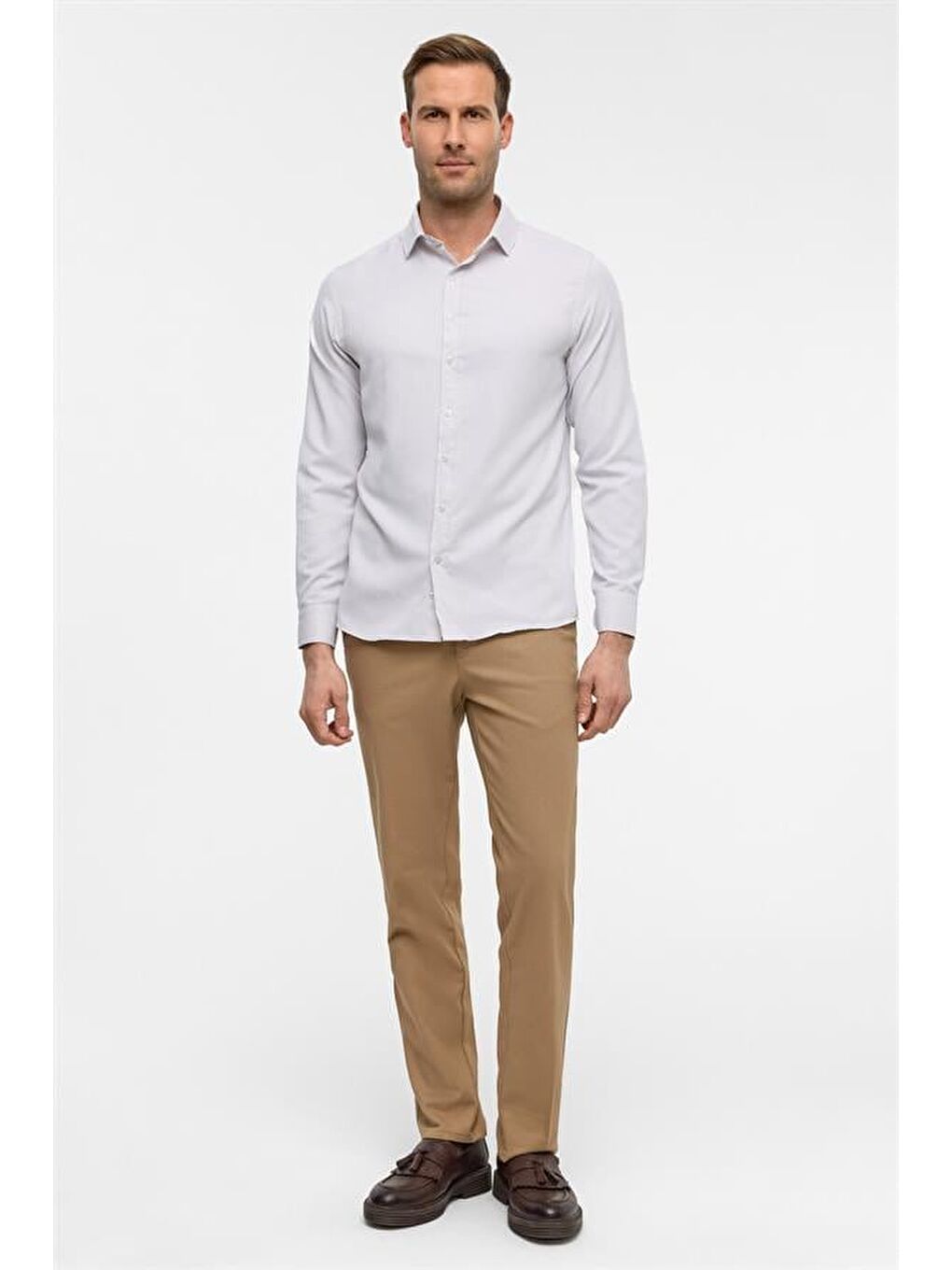 Ekru Slim Armürlü Klasik Yaka Gömlek-7
