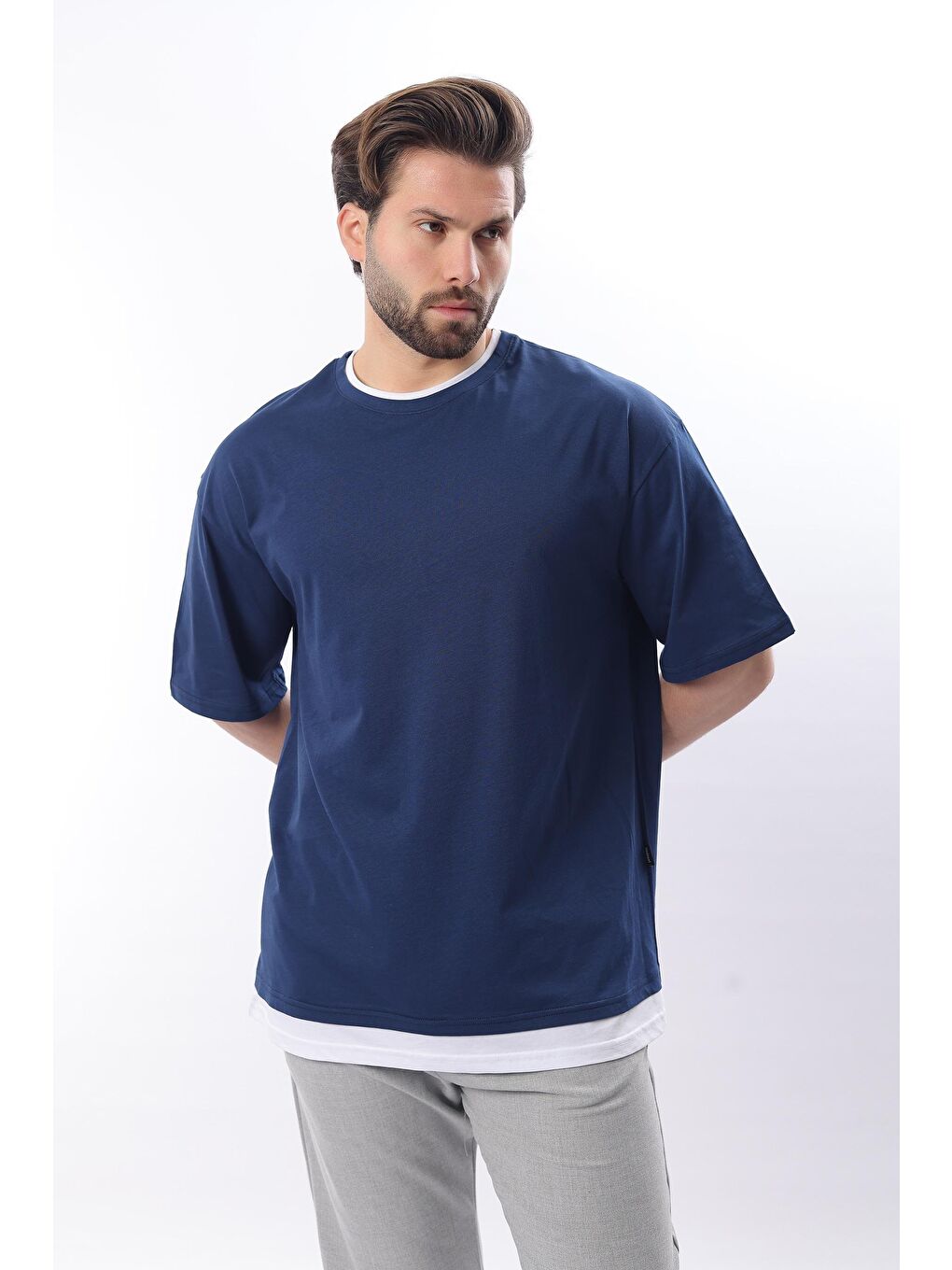 Oversize Lacivert Erkek %100 Pamuk Tişört 4978-3