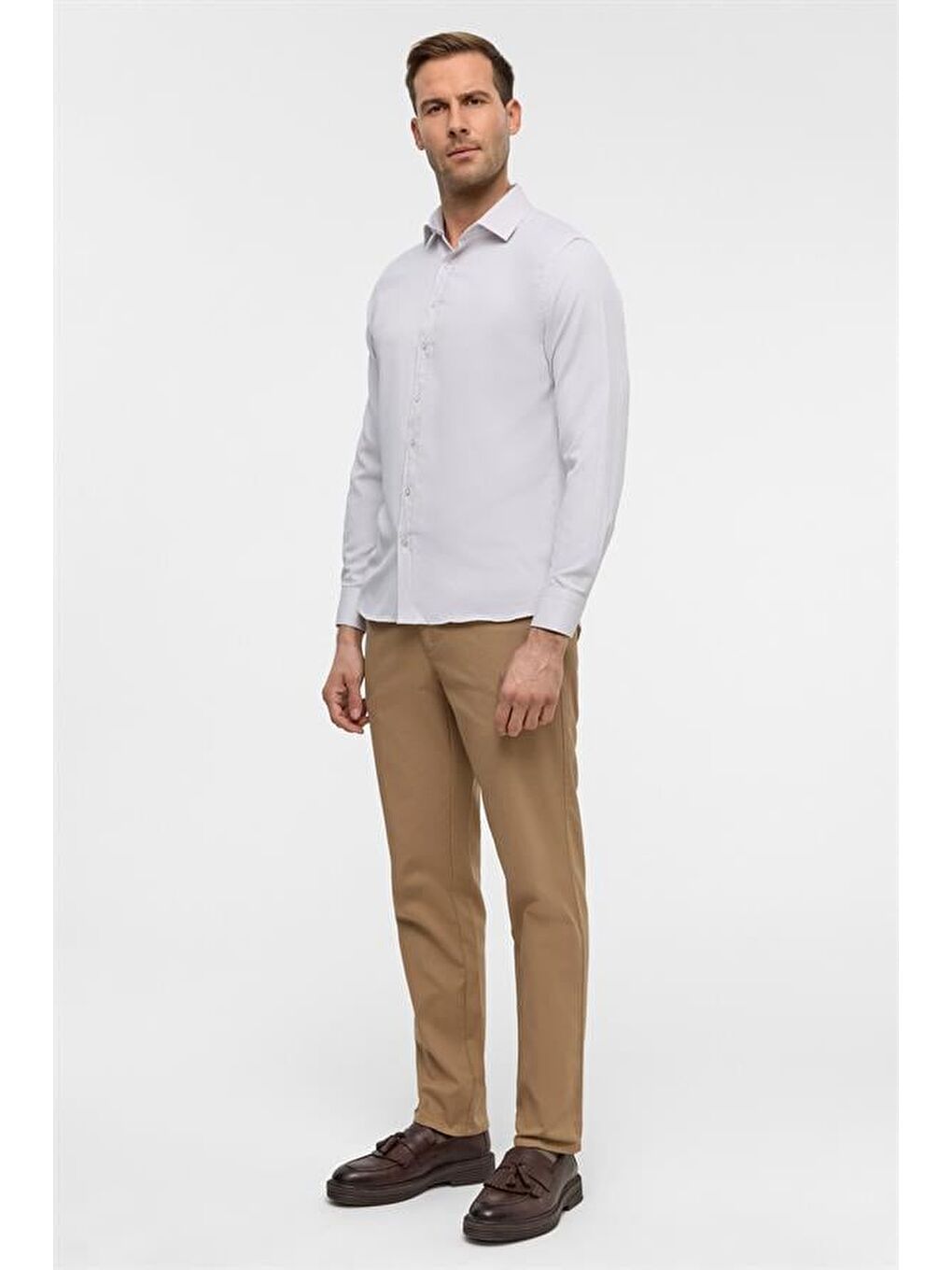 Ekru Slim Armürlü Klasik Yaka Gömlek-9