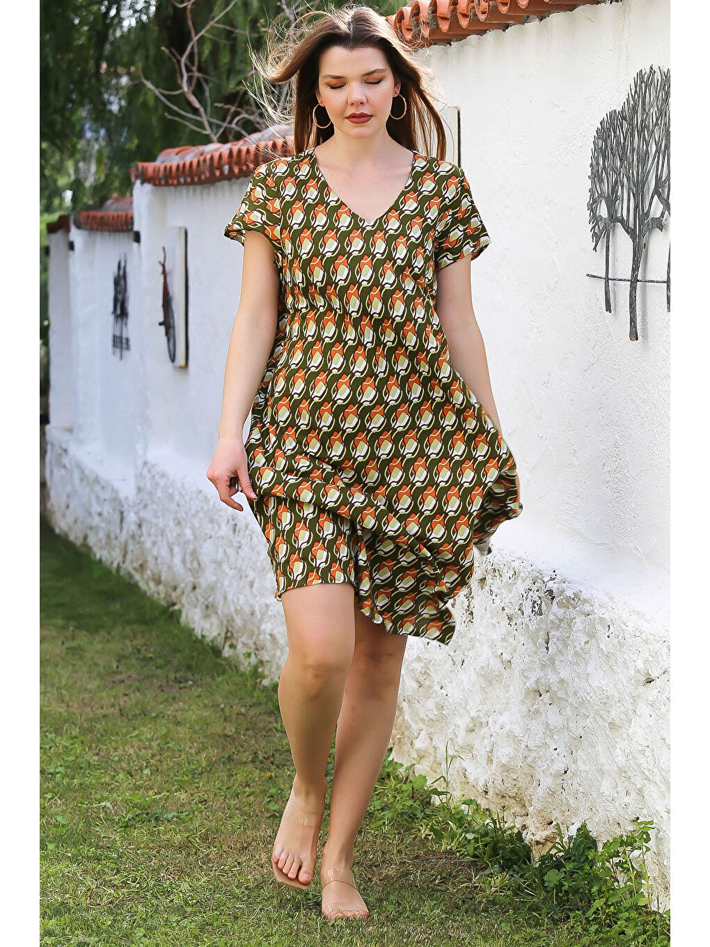 Koyu Yeşil V Yaka Düşük Kol Allover Baskılı Casual Viskon Dokuma Elbise 115 66