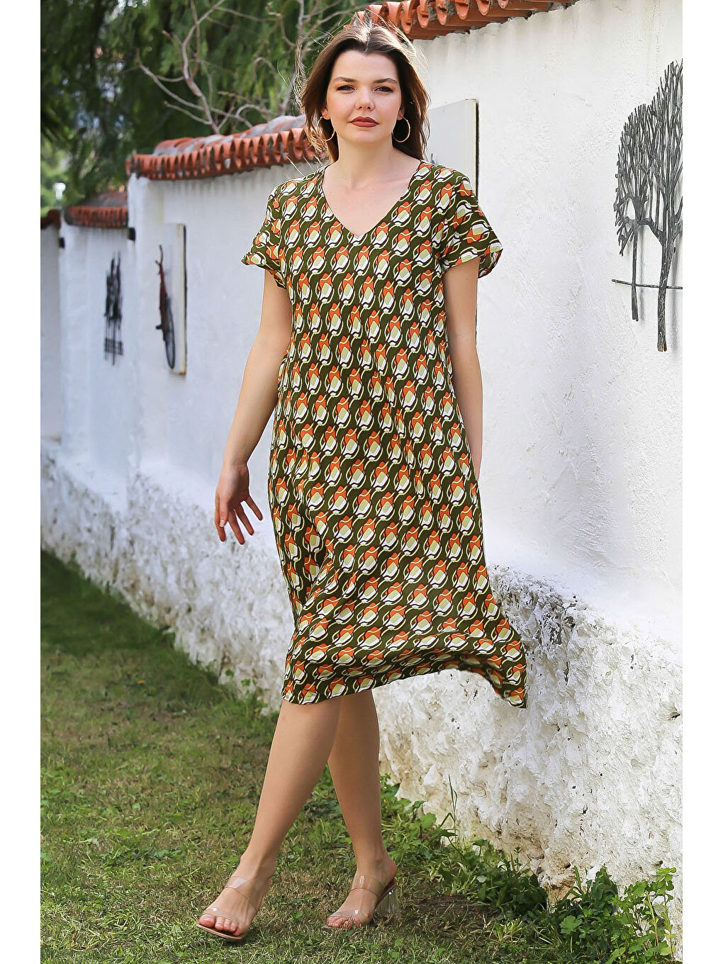 Koyu Yeşil V Yaka Düşük Kol Allover Baskılı Casual Viskon Dokuma Elbise 115 66-1