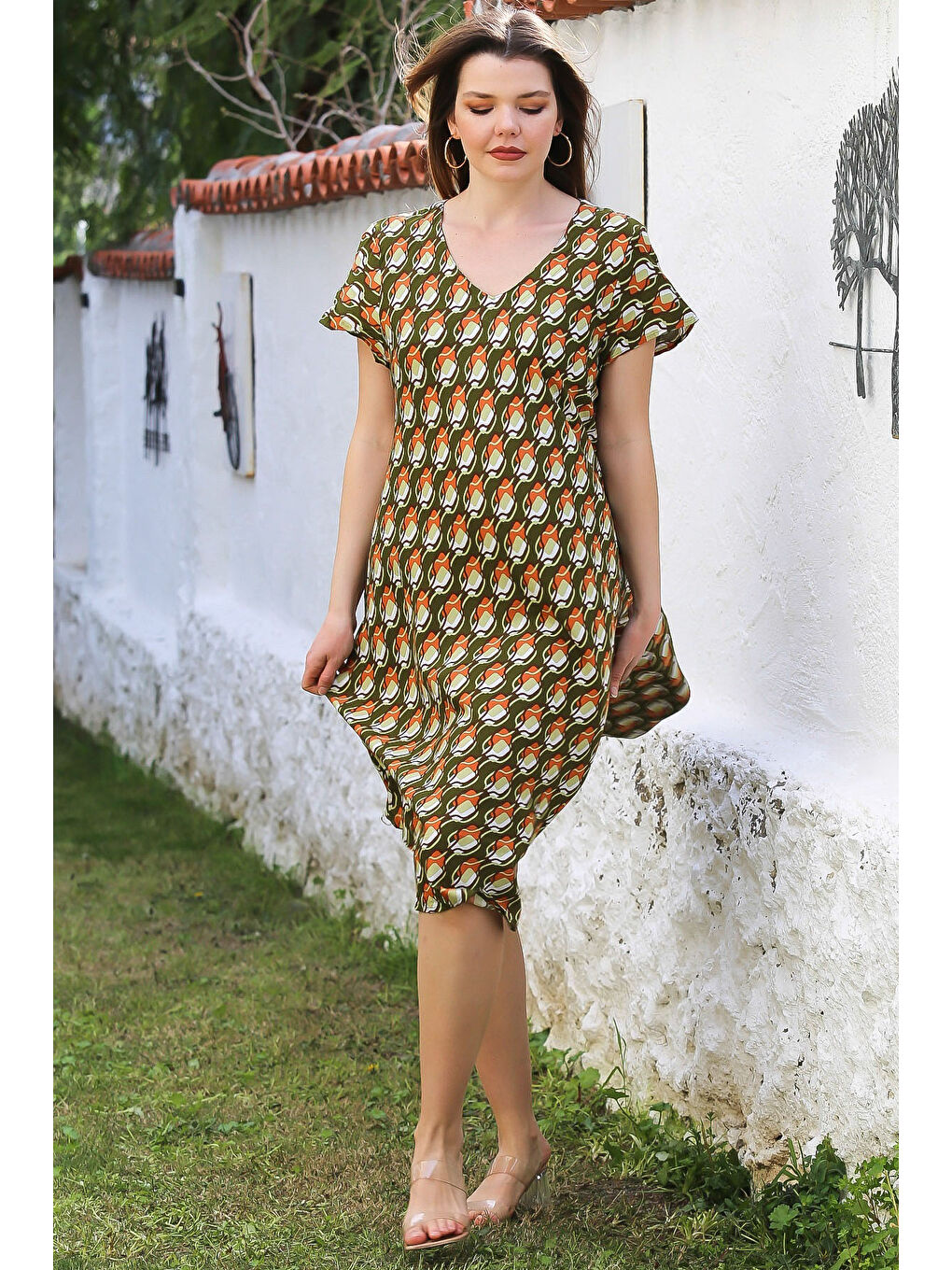Koyu Yeşil V Yaka Düşük Kol Allover Baskılı Casual Viskon Dokuma Elbise 115 66-3