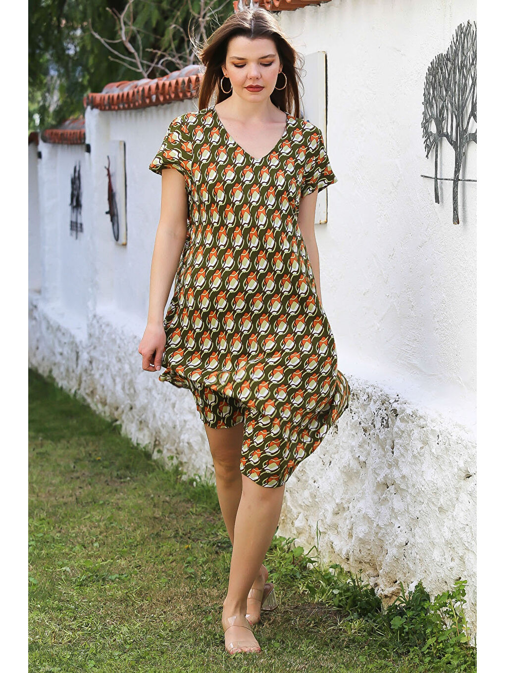 Koyu Yeşil V Yaka Düşük Kol Allover Baskılı Casual Viskon Dokuma Elbise 115 66-5