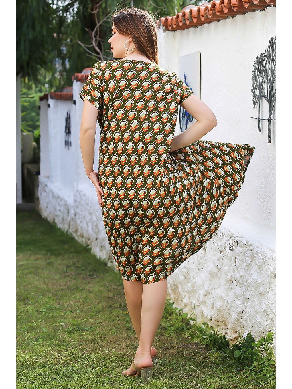 Koyu Yeşil V Yaka Düşük Kol Allover Baskılı Casual Viskon Dokuma Elbise 115 66-6