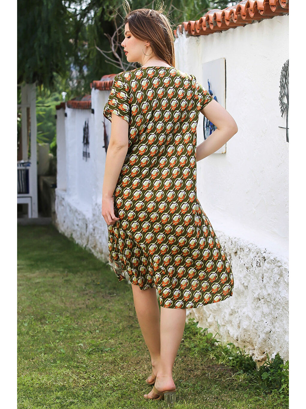 Koyu Yeşil V Yaka Düşük Kol Allover Baskılı Casual Viskon Dokuma Elbise 115 66-7