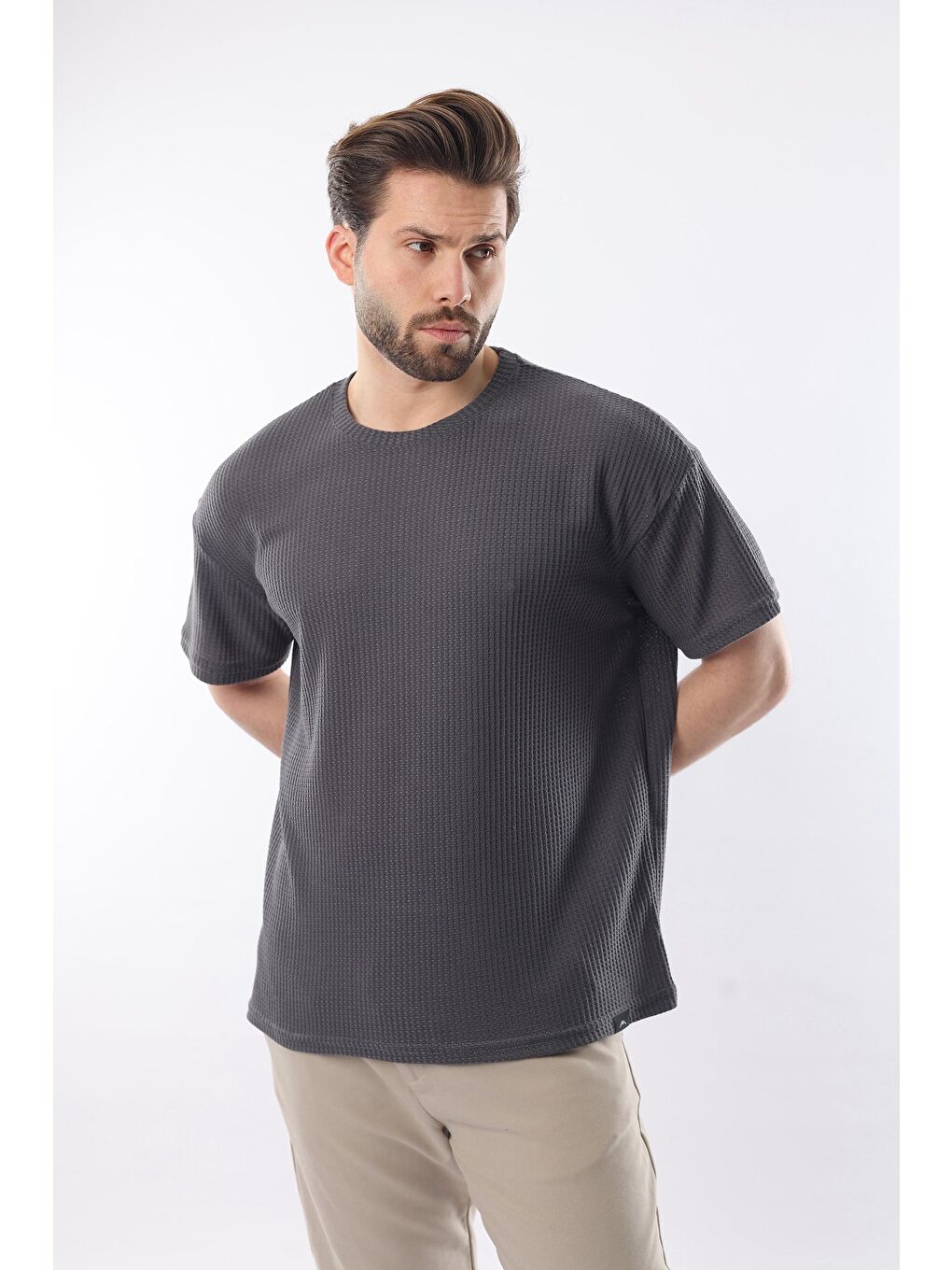 Gri Füme Bisiklet Yaka Erkek T-Shirt E7127-3