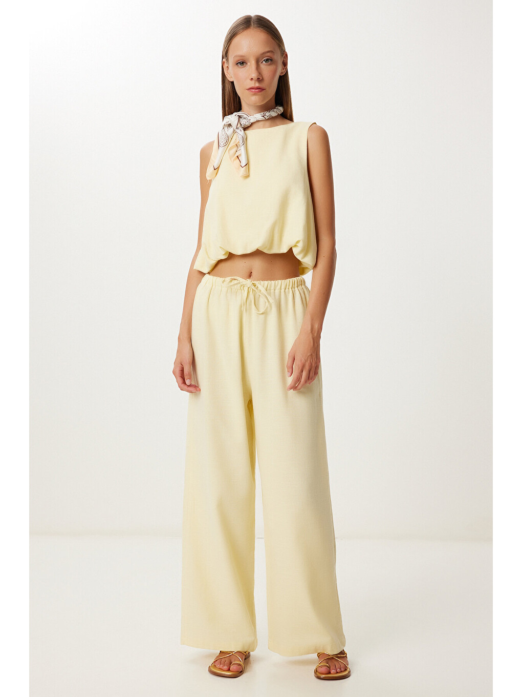Sarı Keten Culotte Pantolon Bluz Takım SARI LRV0116-1