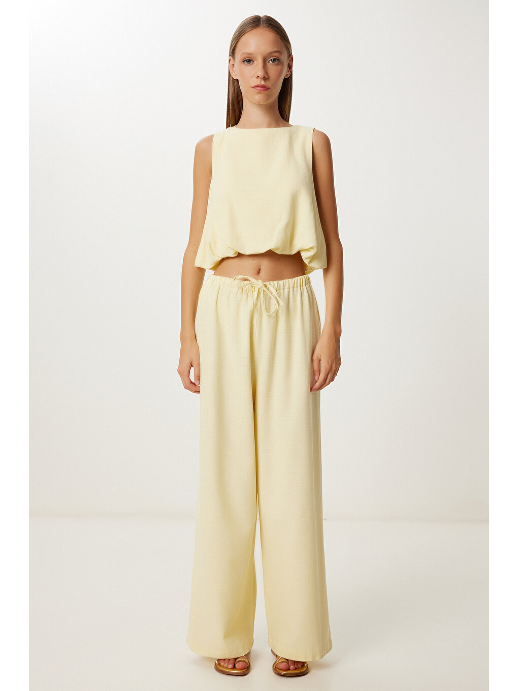 Sarı Keten Culotte Pantolon Bluz Takım SARI LRV0116-2