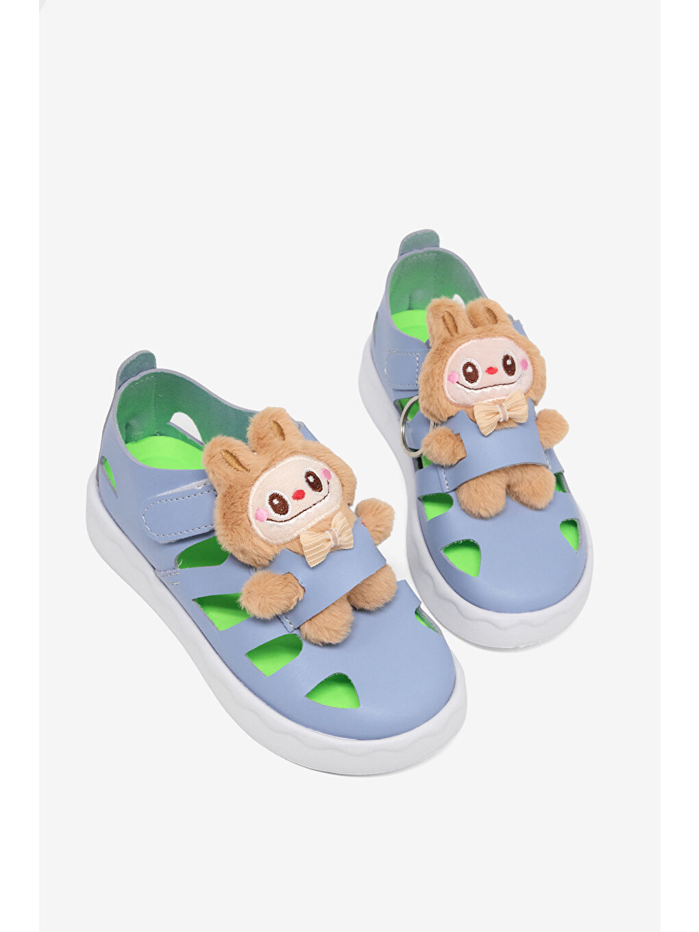 Çocuk Unisex Açık Mavi Hafif Taban Ayıcık Detaylı Cırtlı Sandalet-3