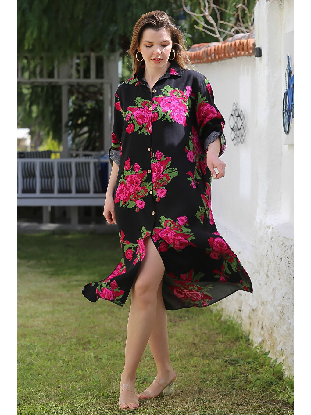 Siyah-Fuşya Gömlek Yaka Düğmeli Uzun Kollu Gizli Cepli Yırtmaçlı Casual Viskon Dokuma Elbise 125 65-2