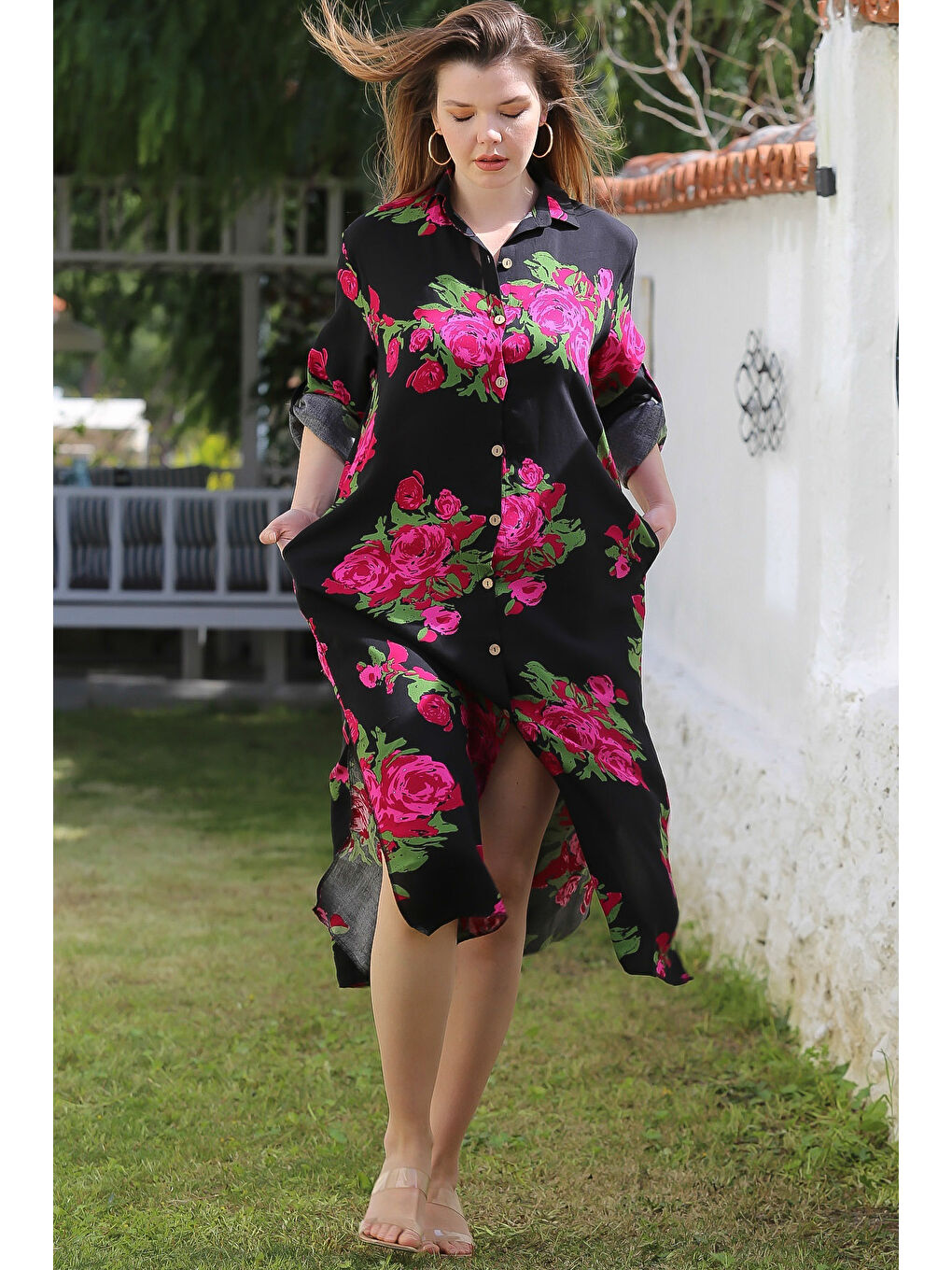 Siyah-Fuşya Gömlek Yaka Düğmeli Uzun Kollu Gizli Cepli Yırtmaçlı Casual Viskon Dokuma Elbise 125 65-4