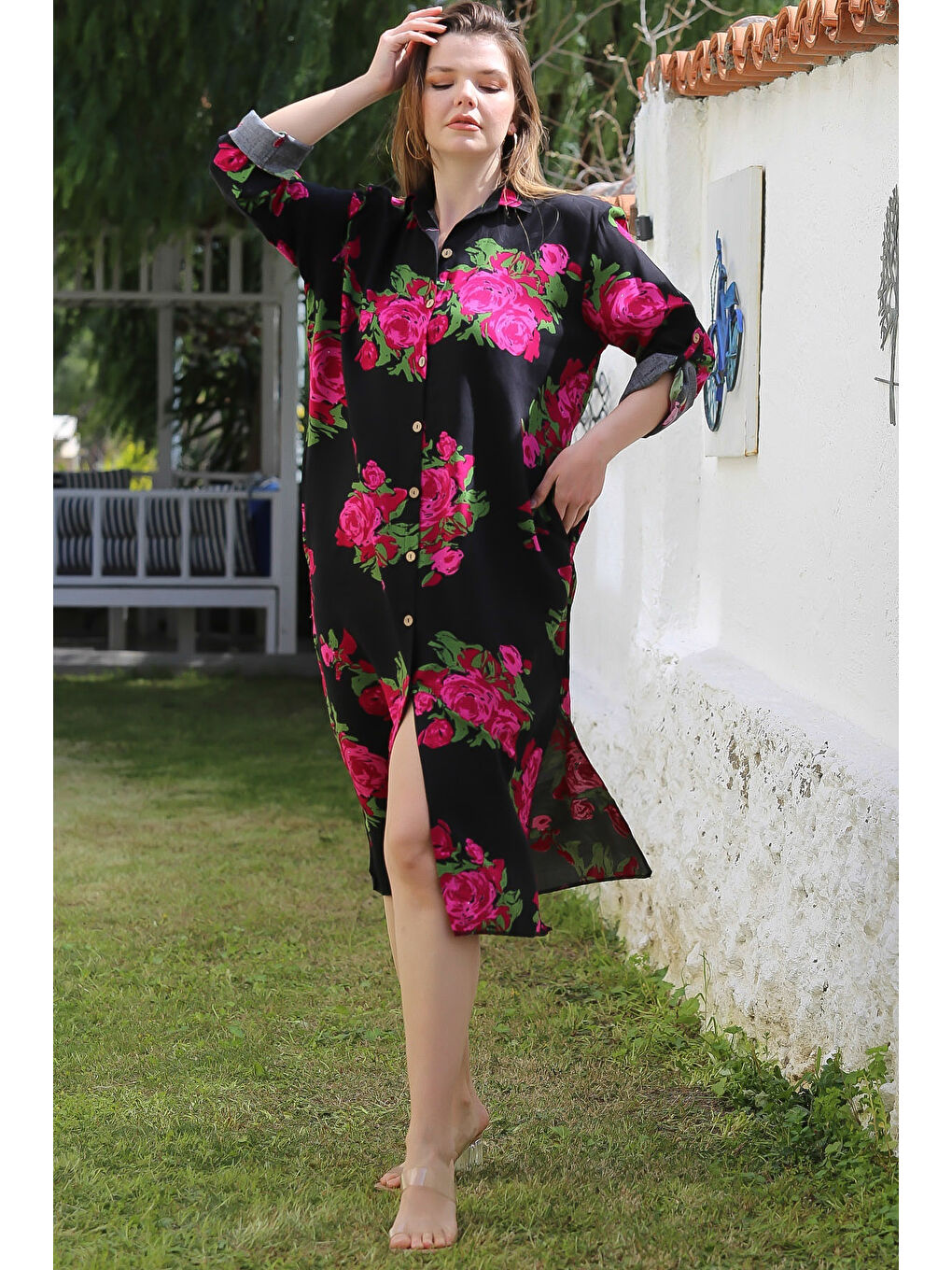 Siyah-Fuşya Gömlek Yaka Düğmeli Uzun Kollu Gizli Cepli Yırtmaçlı Casual Viskon Dokuma Elbise 125 65-5