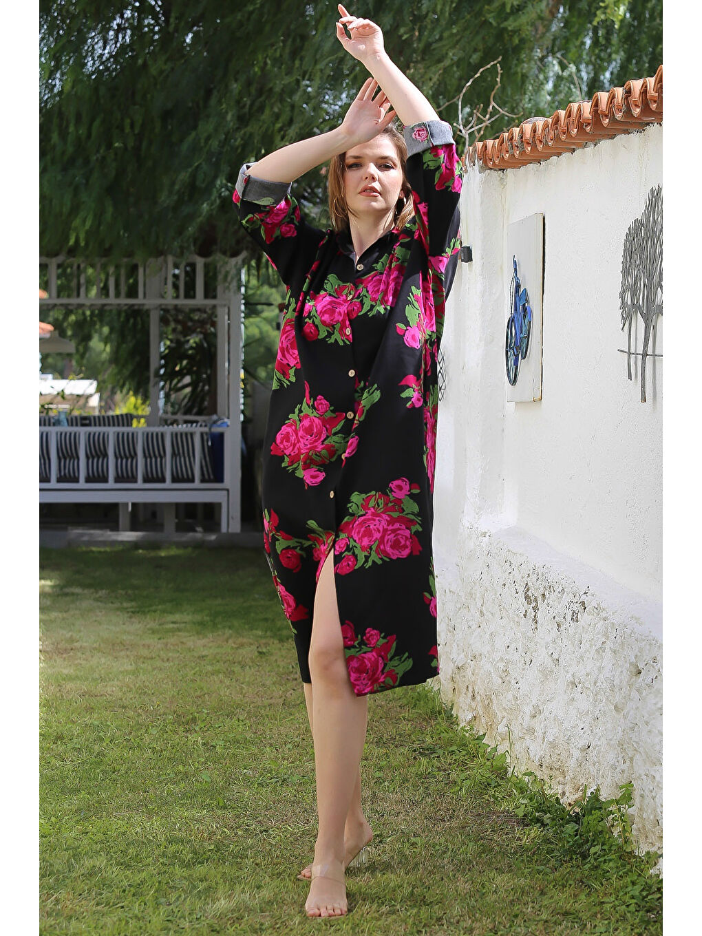 Siyah-Fuşya Gömlek Yaka Düğmeli Uzun Kollu Gizli Cepli Yırtmaçlı Casual Viskon Dokuma Elbise 125 65-6