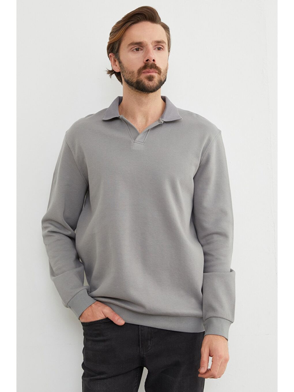 Gri Basic Polo Yaka Pike Büyük Beden Sweatshirt-1