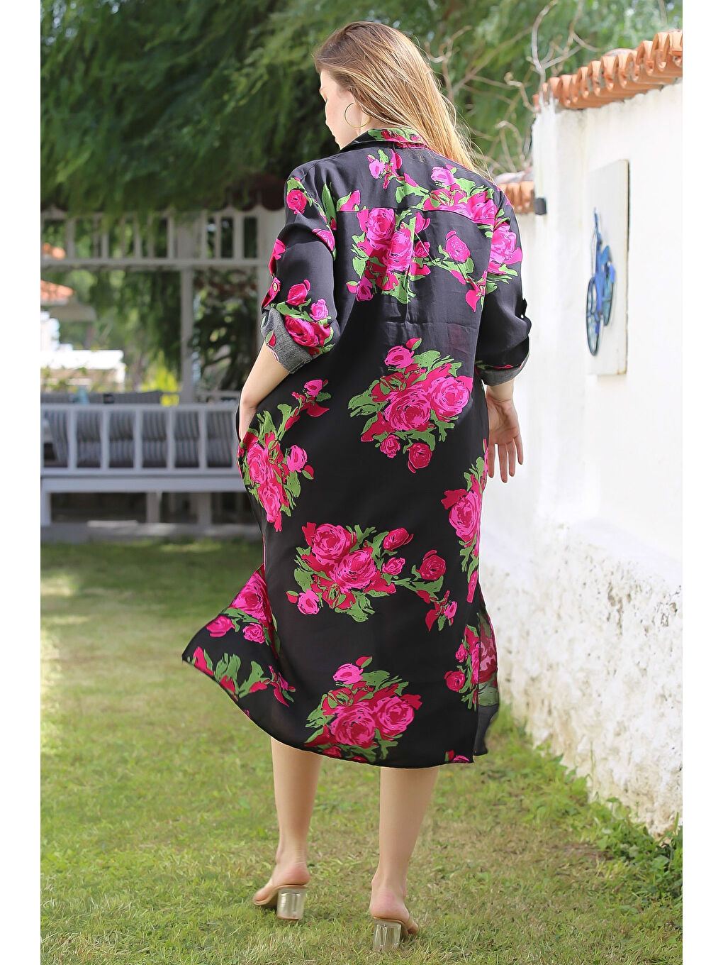 Siyah-Fuşya Gömlek Yaka Düğmeli Uzun Kollu Gizli Cepli Yırtmaçlı Casual Viskon Dokuma Elbise 125 65-7