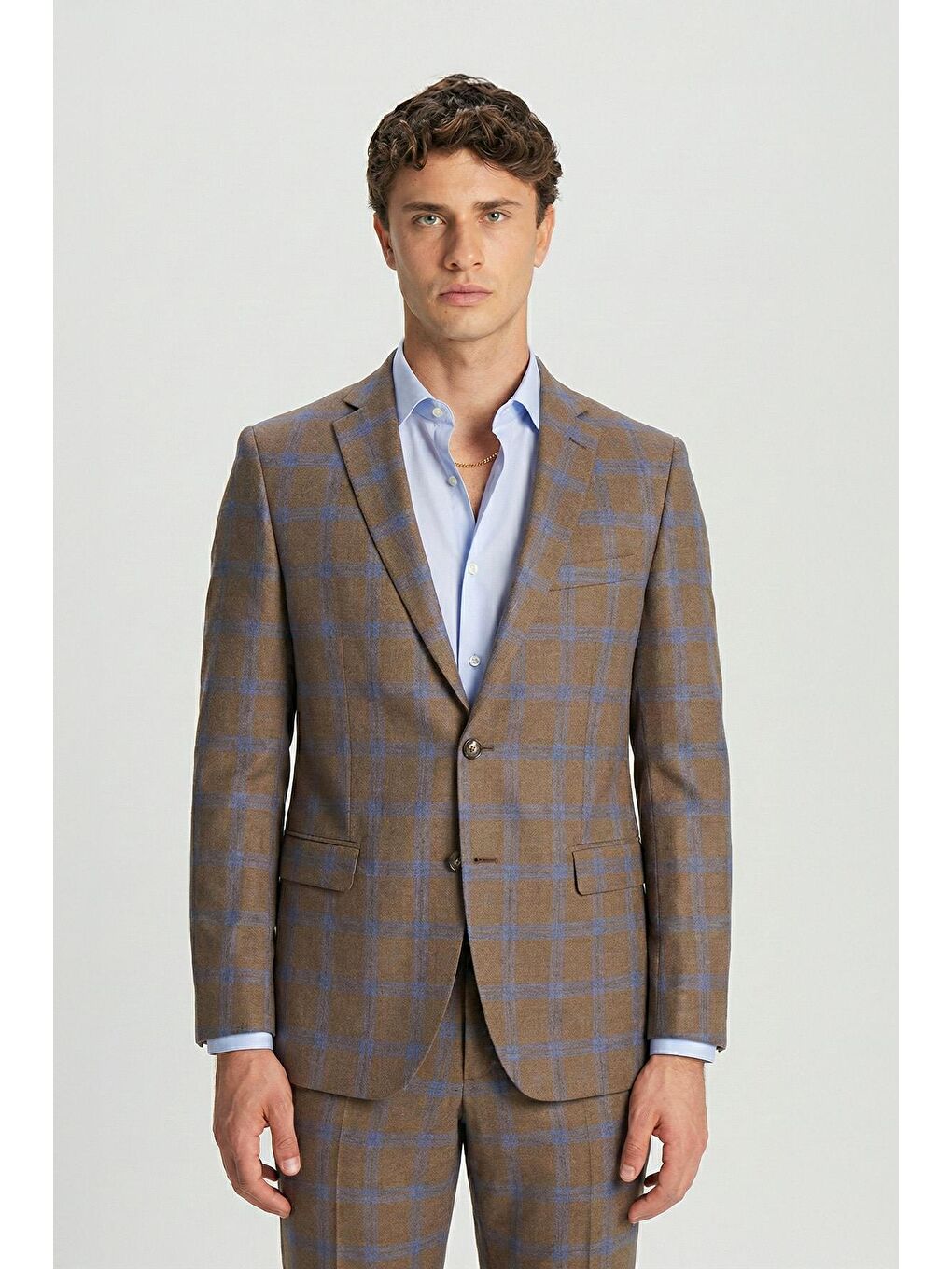 Giotelli Kahverengi Slim Fit Mono Yaka Ekose Desenli Takım Elbise