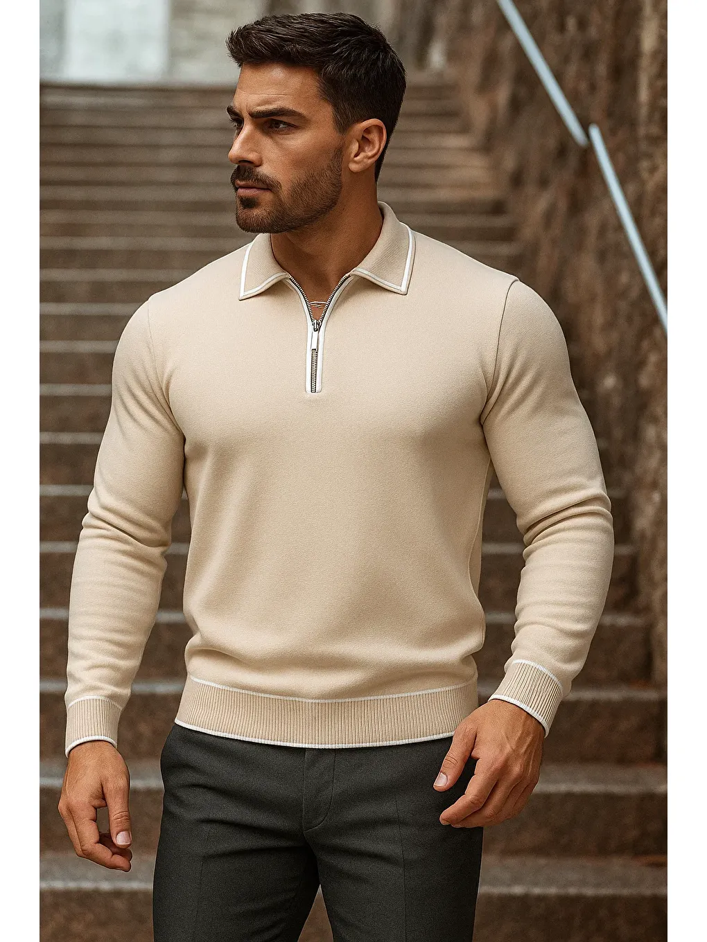 Erkek Trend Fermuarlı Uzun Kollu Bej Polo Yaka Kazak