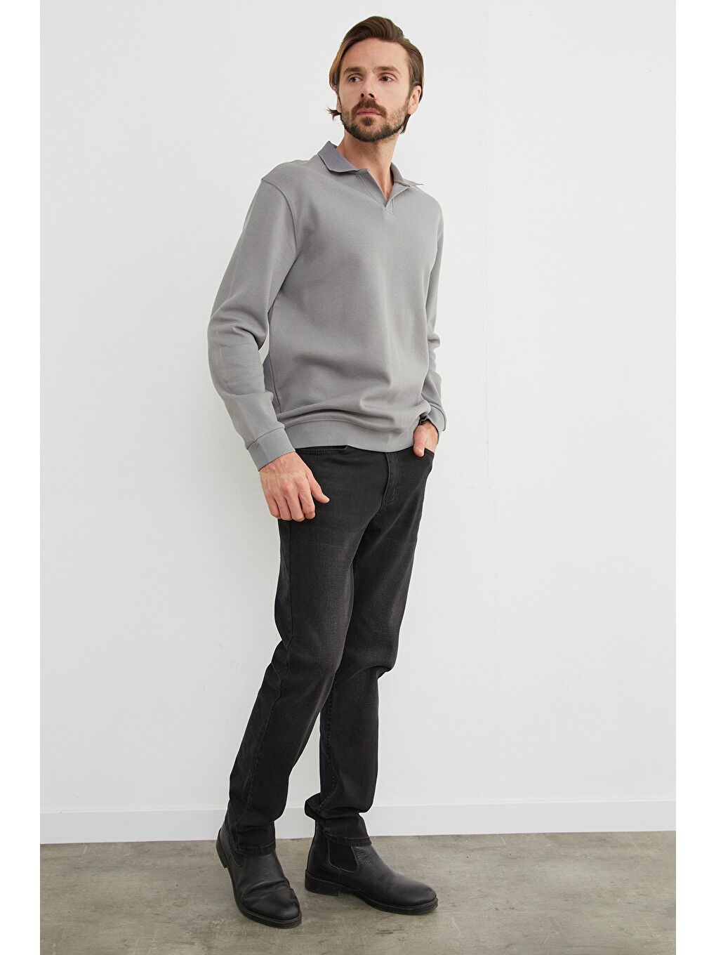 Gri Basic Polo Yaka Pike Büyük Beden Sweatshirt-2