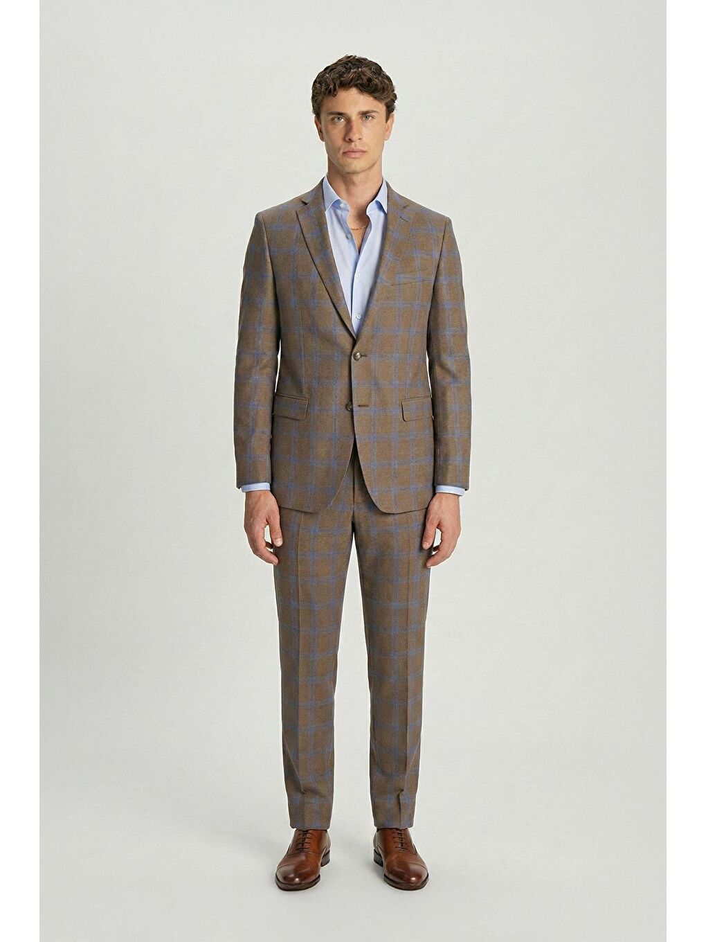 Giotelli Kahverengi Slim Fit Mono Yaka Ekose Desenli Takım Elbise-1