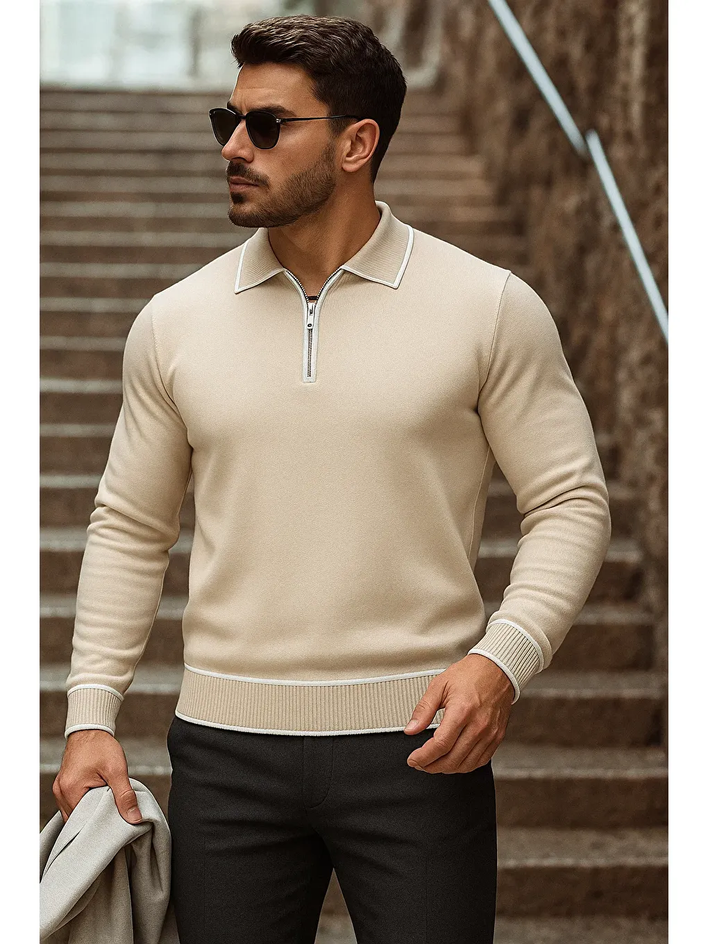 Erkek Trend Fermuarlı Uzun Kollu Bej Polo Yaka Kazak-1