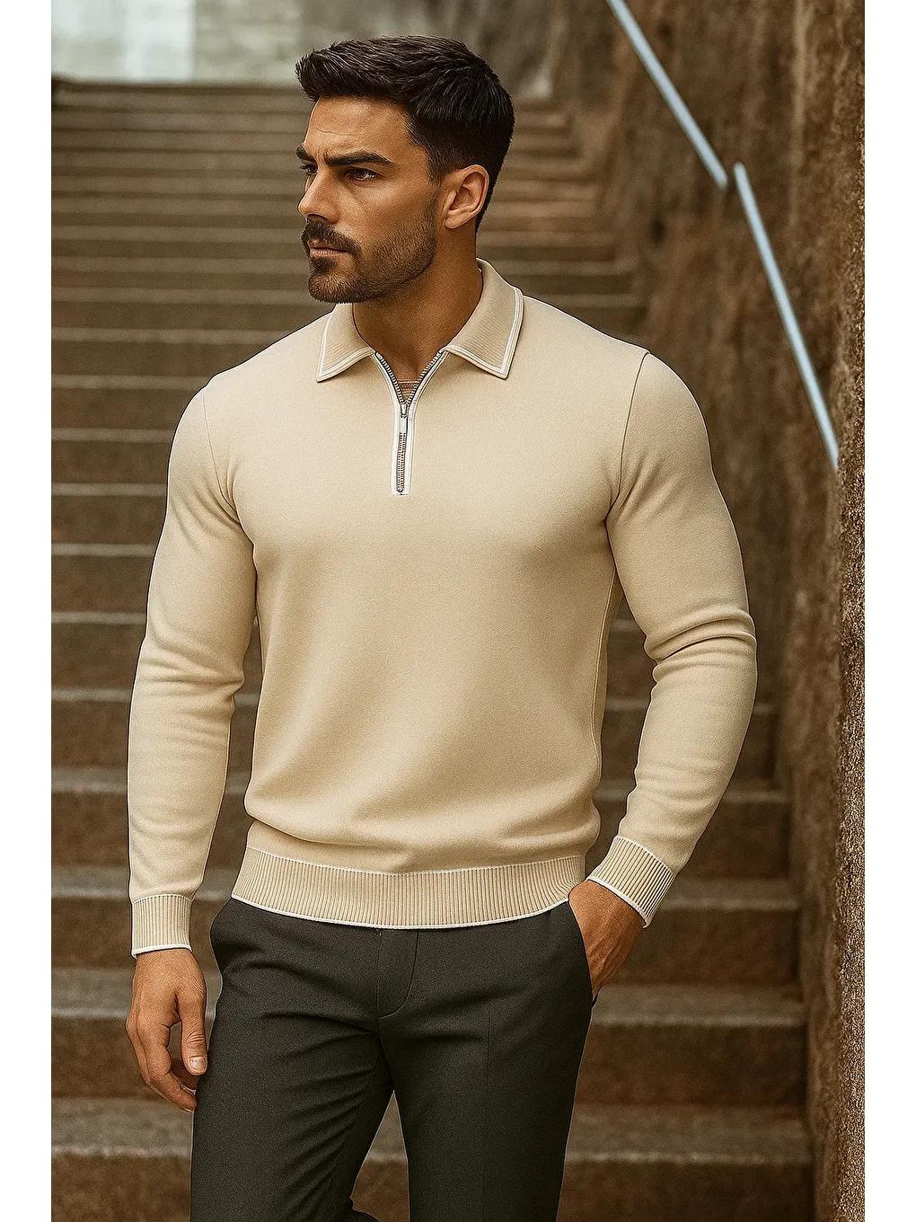 Erkek Trend Fermuarlı Uzun Kollu Bej Polo Yaka Kazak-2