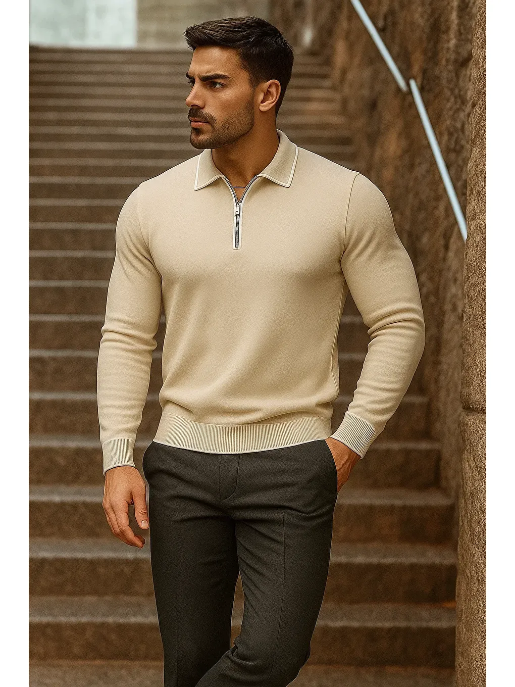 Erkek Trend Fermuarlı Uzun Kollu Bej Polo Yaka Kazak-3