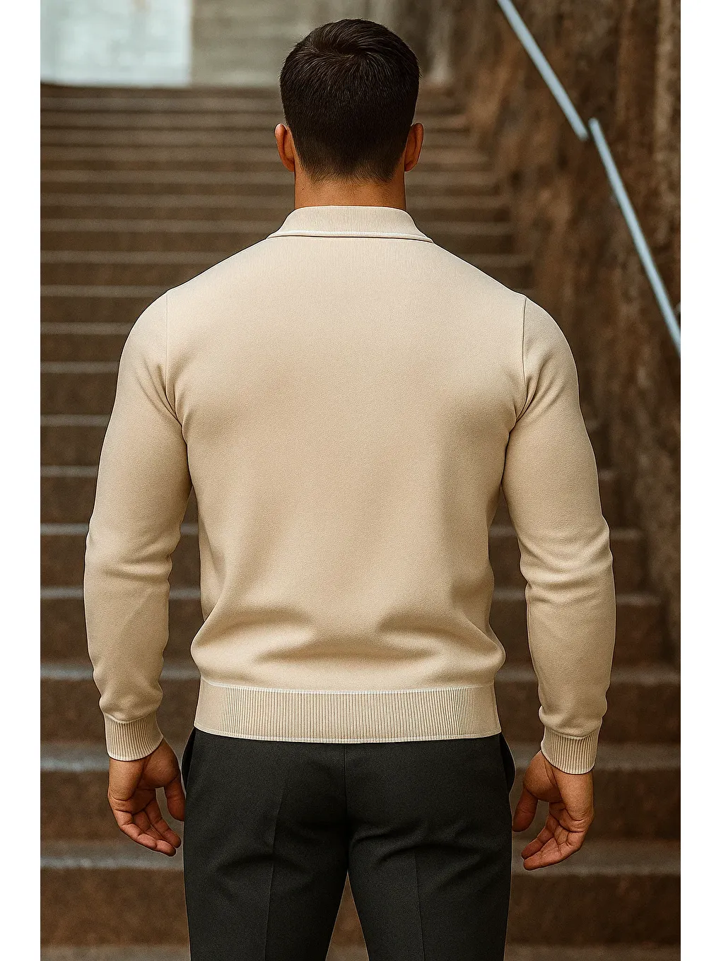 Erkek Trend Fermuarlı Uzun Kollu Bej Polo Yaka Kazak-4