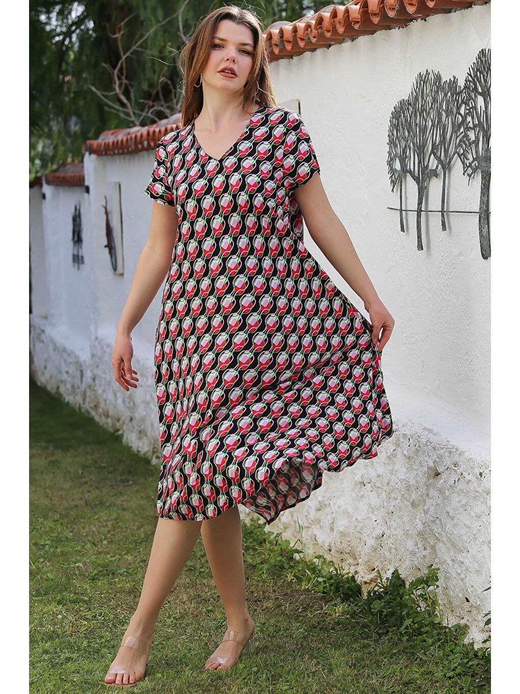 Siyah-Pembe V Yaka Düşük Kol Allover Baskılı Casual Viskon Dokuma Elbise 115 66-6