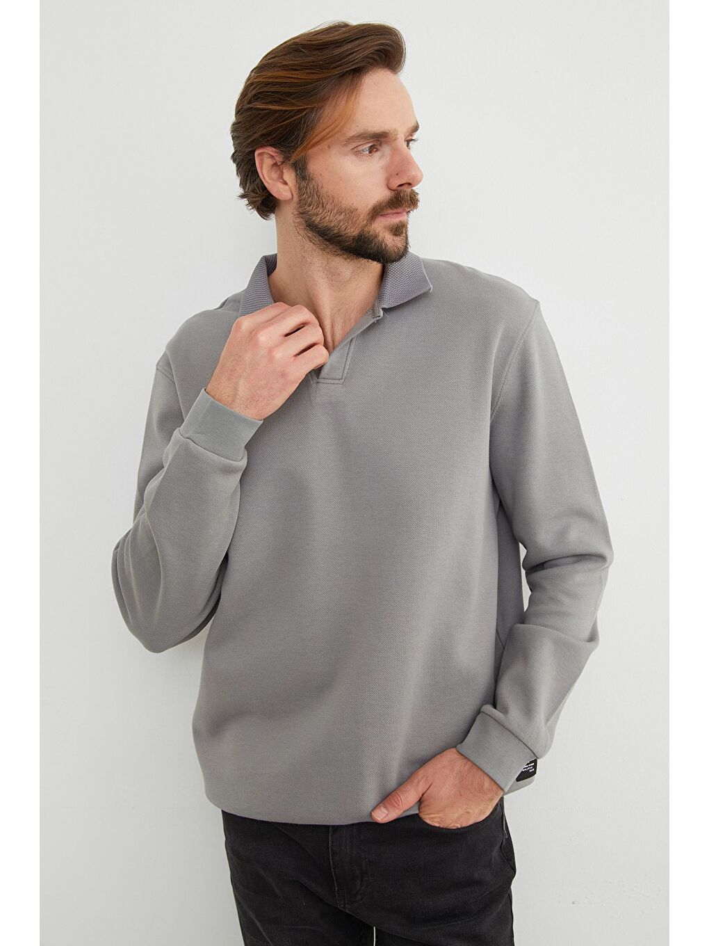 Gri Basic Polo Yaka Pike Büyük Beden Sweatshirt-4