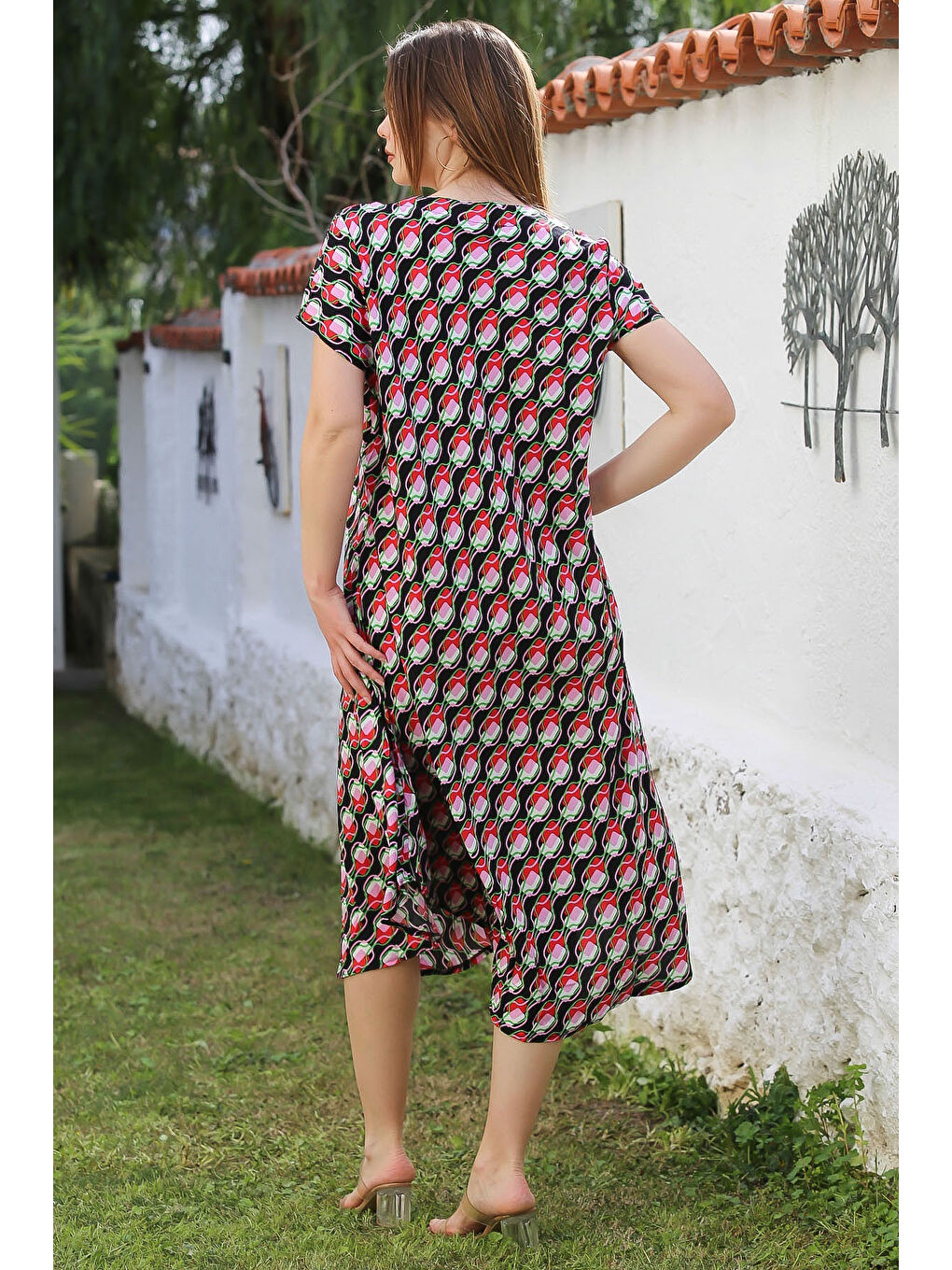 Siyah-Pembe V Yaka Düşük Kol Allover Baskılı Casual Viskon Dokuma Elbise 115 66-7