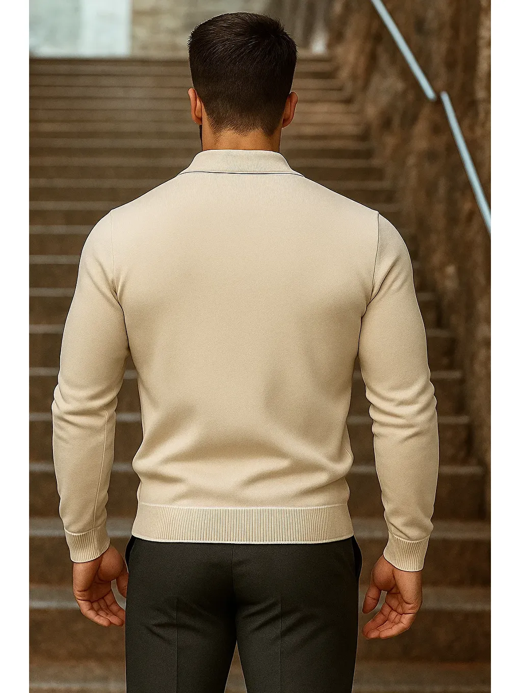 Erkek Trend Fermuarlı Uzun Kollu Bej Polo Yaka Kazak-5