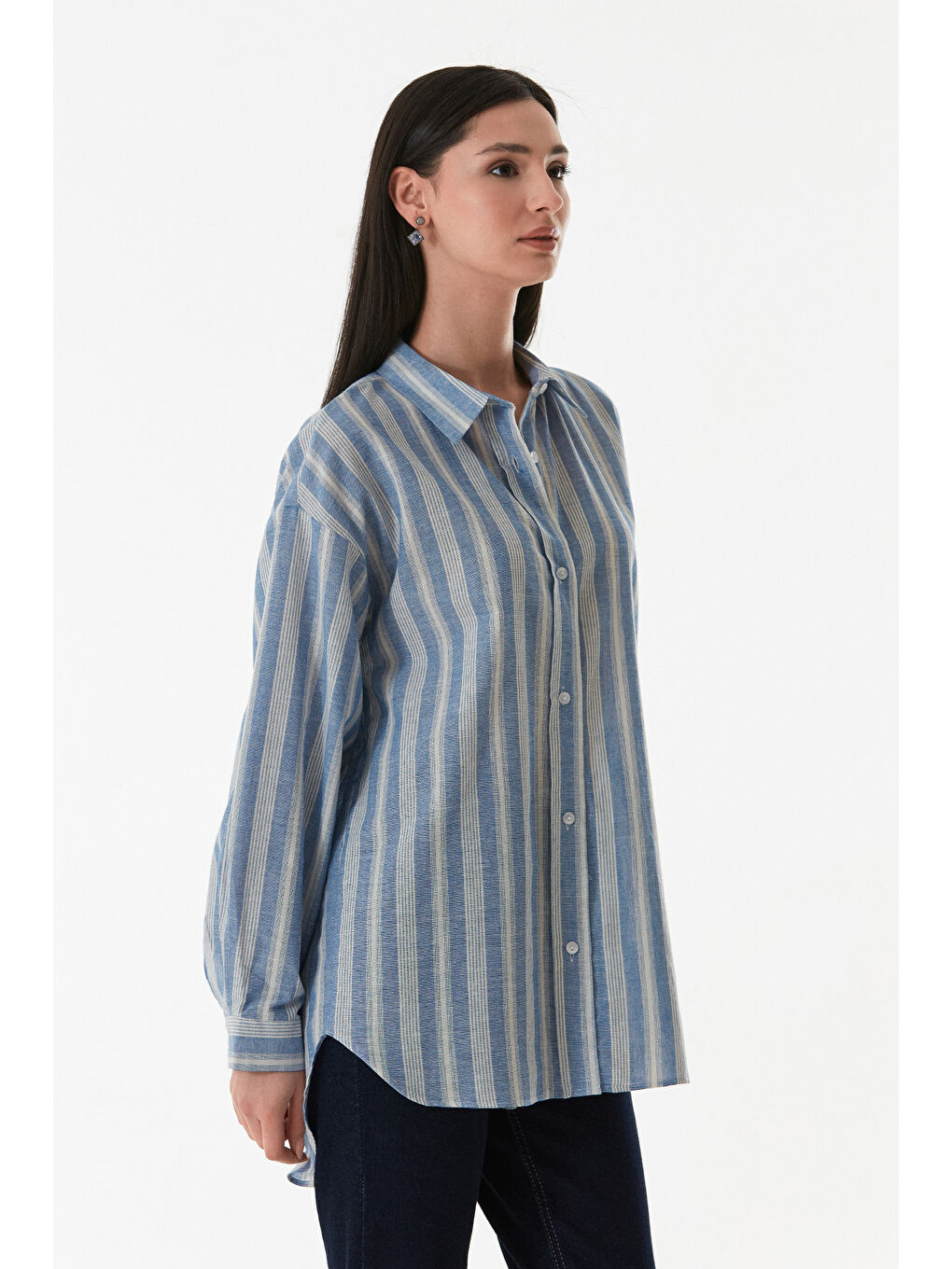 Mavi Çizgili Arkası Uzun Salaş Gömlek-2