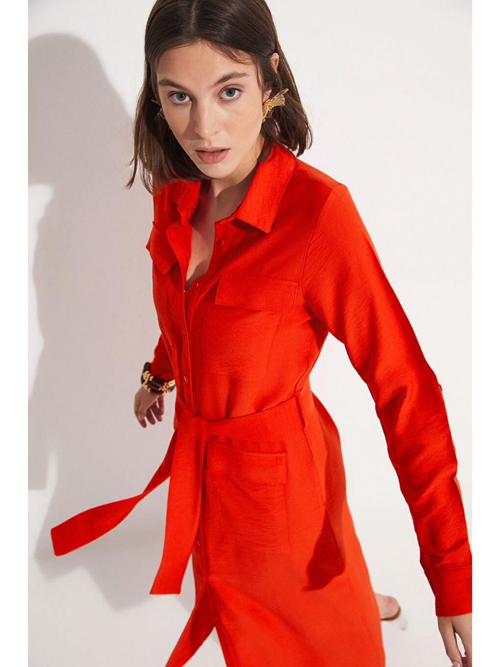 Kırmızı Cep Detaylı Uzun Elbise-1