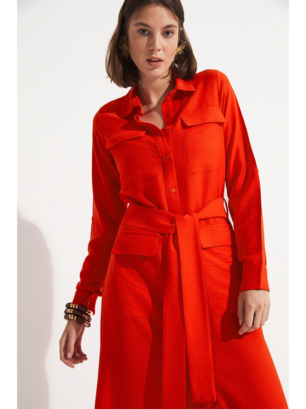 Kırmızı Cep Detaylı Uzun Elbise-2